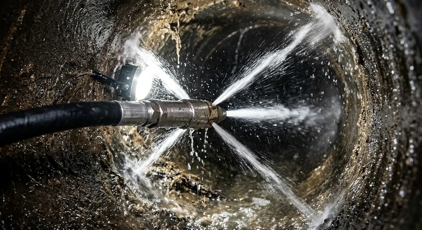 High-pressure hydro jetting nozzle cleaning sewer pipe for Emergency Drain Service in Clanton
