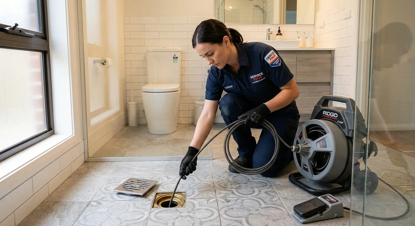 Technician clearing a bathroom floor drain for Hydro Jetting in Clanton